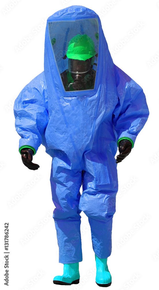 person with protective blue overalls against the biohazard and w person with protective blue overalls against the biohazard and w