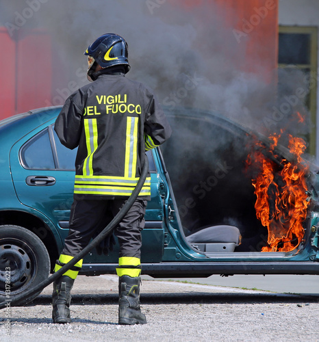 Italian fire brigade extinguished the car fire after the car acc