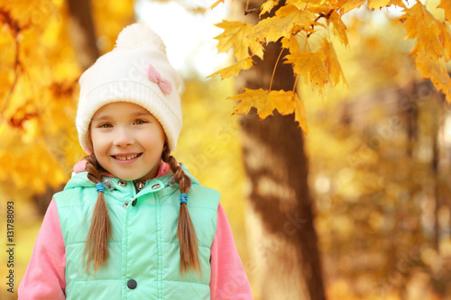 Portrait of cute little girl with leafs in the park