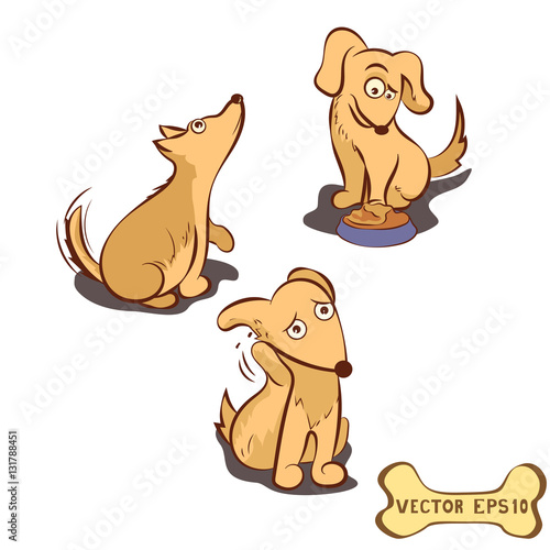 A set of vector characters dog. Asks the dog food, the dog itches