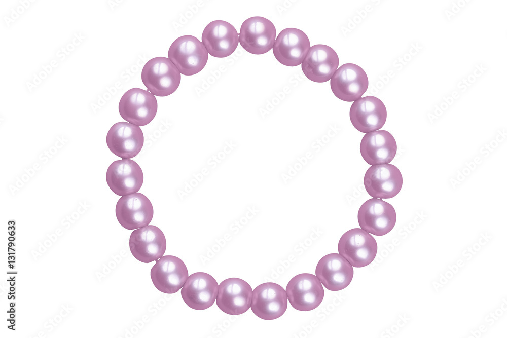 Violet round elastic bracelet made of medium pearl-like round beads, isolated on white background, clipping path included Violet round elastic bracelet made of medium pearl-like round beads, isolated on white background, clipping path included