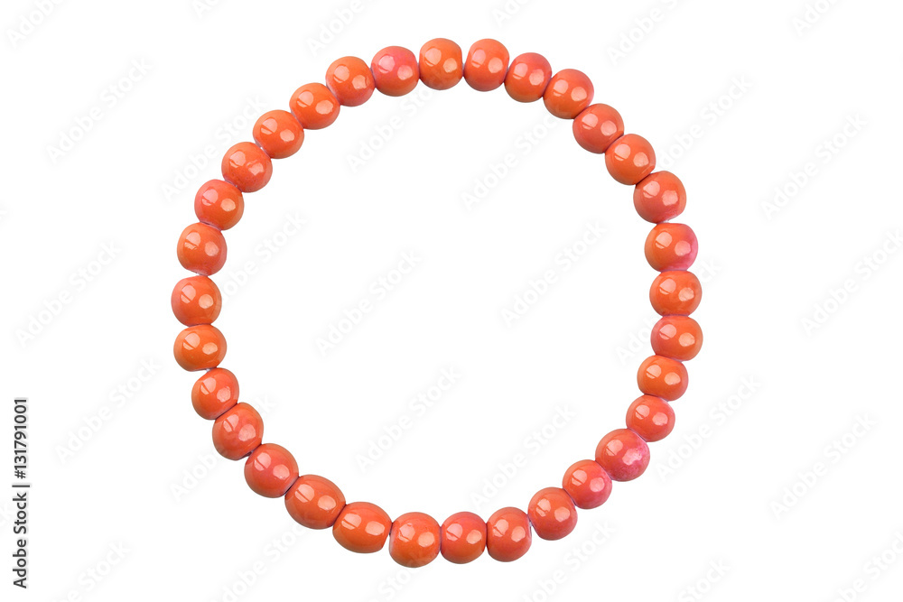 Copper red round elastic bracelet made of small pearl-like round beads, isolated on white background, clipping path included Copper red round elastic bracelet made of small pearl-like round beads, isolated on white background, clipping path included