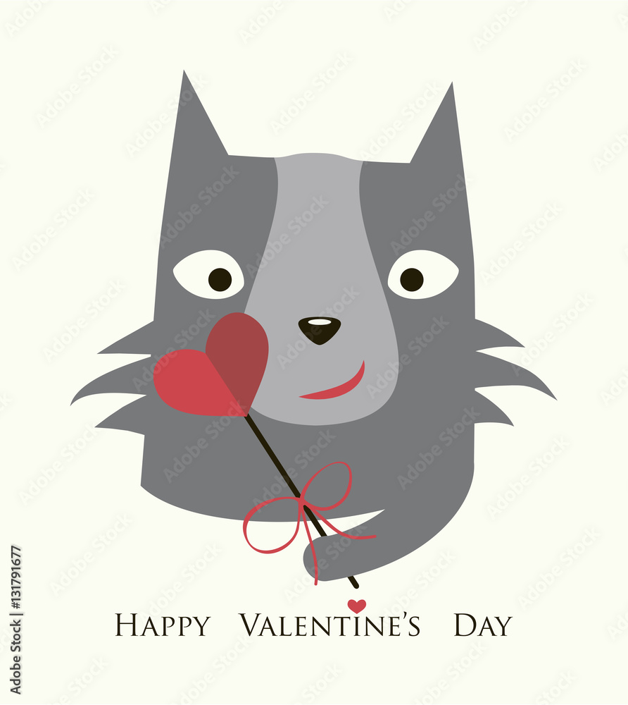 Obraz premium The cover design for Valentine's Day.The grey cat with the decorative heart on the stick.In the bottom of the image the phrase Happy Valentine's day.