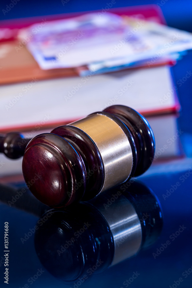 Law gavel with book and euro money - reflection on blue background Law gavel with book and euro money - reflection on blue background