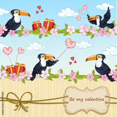  Valentines day card .Illustration of couple in love, birds in love .Toucan bird .