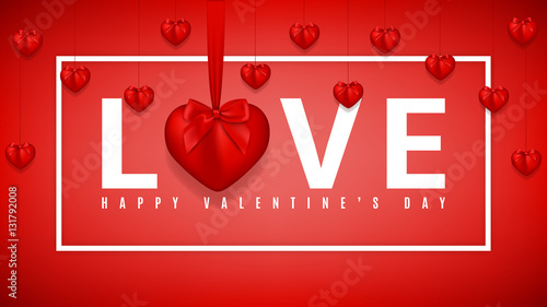 Red banner for Happy Valentine's Day. Realistic hearts with bows on tapes isolated on red background. Vector illustration. 