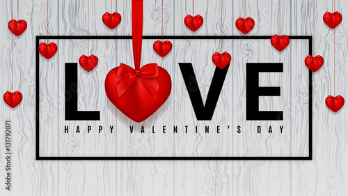 Happy Valentine's Day background. Realistic hearts with bows on tapes isolated on wooden texture. Vector illustration. 