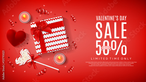 Valentine's Day sale web banner. Top view on composition with lollipop, gift box, case for ring, candles and confetti. Vector illustration.