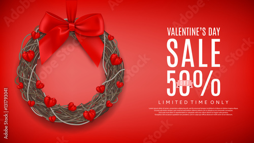 Red web banner for Valentine's Day sale. Realistic wreath with hearts and bows isolated on red background. Vector illustration.