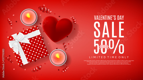 Valentine's Day sale web backdrop. Top view on composition with gift box, case for ring, candles and confetti. Vector illustration with serpentine.