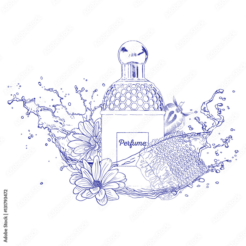 Perfume for women with notes of honey, strawberries and flowers. The  perfume bottle shown in the spray liquid. Pencil sketch. Vector  illustration. The trendy print of the perfume bottle. Stock-Vektorgrafik |  Adobe