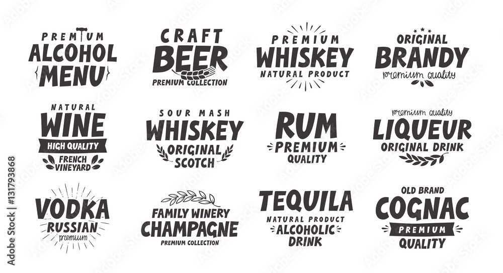 Menu, alcoholic drinks. Vector labels wine, beer, whiskey, brandy, rum, liqueur, vodka, tequila, cognac, champagne
