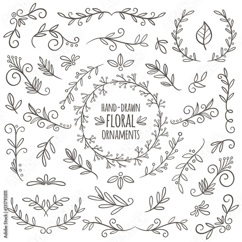 Set of cute hand drawn floral ornaments.