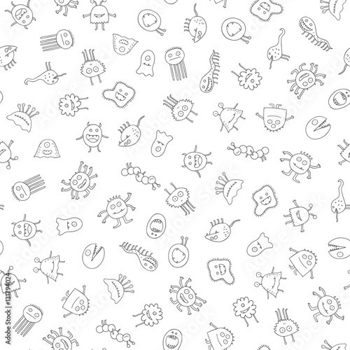An illustrated icons of different monsters in black and white. Seamless pattern.