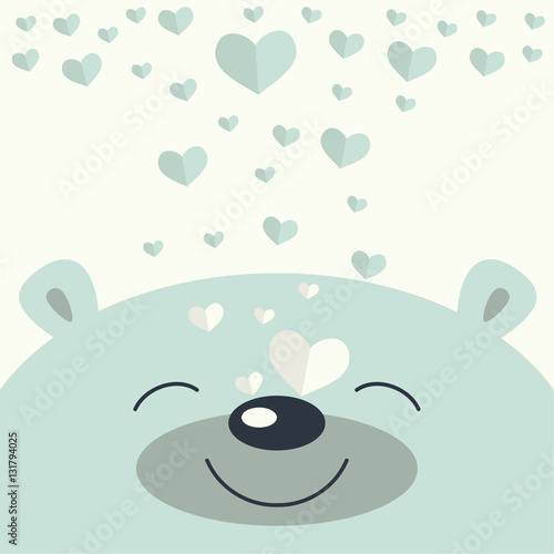 The cover design.Smiling little polar bear's face on the white background. The decorative hearts are falling on its face.