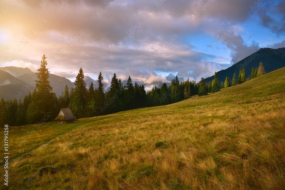 View of sunrise in Rusinowa glade. Tatra mountain