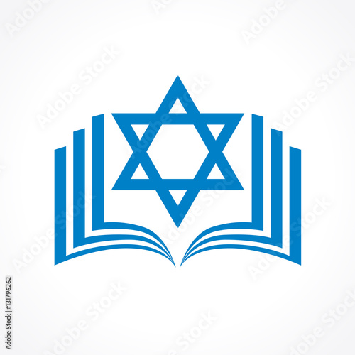 Online torah or tanakh vector logo. Open book with david star clipart icon. Computer software or phone application educational studying sign. Network user jewish avatar.