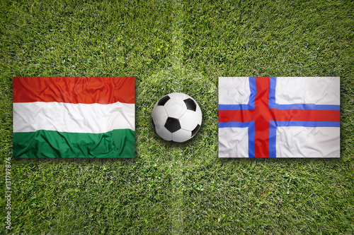 Hungary vs. Faeroe Islands flags on soccer field