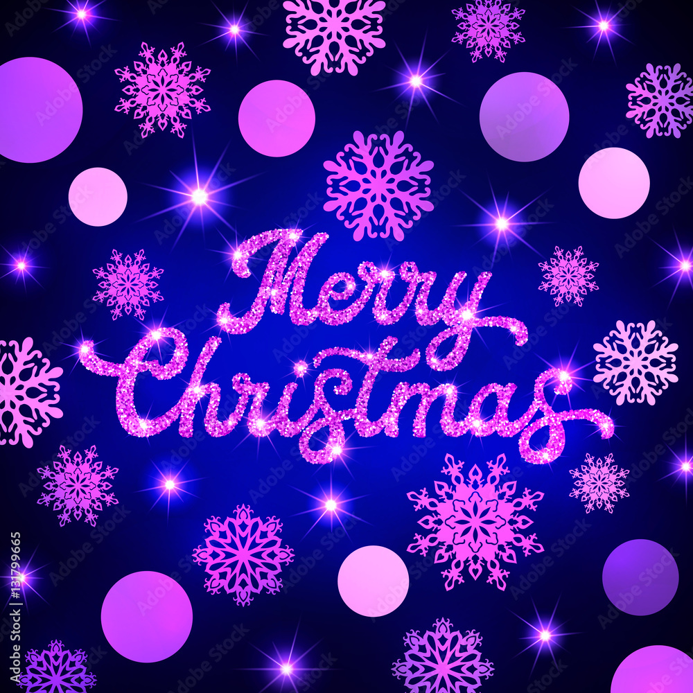 Merry Christmas glitter hand lettering inscription on Xmas background with pink circles, snowflakes. Glittering texture text on blue backdrop. Seasons greetings card design. Font vector illustration. Merry Christmas glitter hand lettering inscription on Xmas background with pink circles, snowflakes. Glittering texture text on blue backdrop. Seasons greetings card design. Font vector illustration.