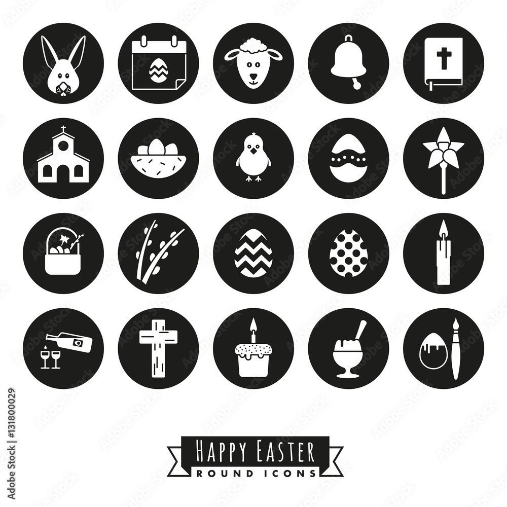 Easter Symbols Round Icon Set. Collection of 20 Happy Easter Icons in black circles