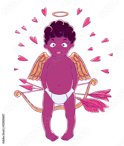 Valentine's day. Funny african american Cupid-boy in pants with bow and arrows in his hands and golden wings. Hearts around. photo
