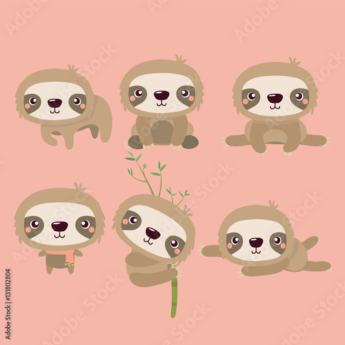 Cute cartoon smiling lazy sloth animal characters in different positions.
