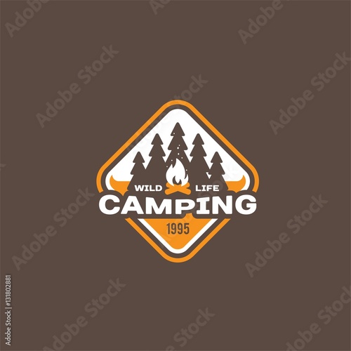 Camping and outdoor adventure retro logo  badge  sticker  stamp for your design. Summer and winter vacation insignia. Vector Illustration.