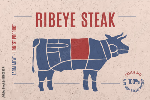 Label for beef steak meat with text Ribeye Steak. Creative graphic design for butcher shop, farmer market. Advertising poster for meat related theme. Vector Illustration