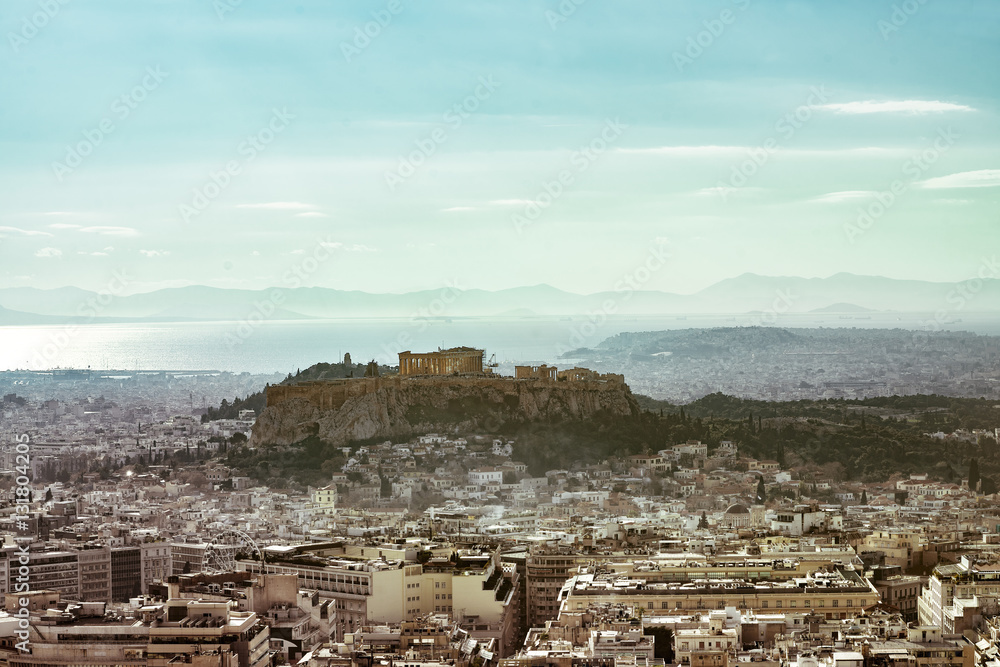 Acropolis in Athens, Greece. View of Athens and Piraeus.