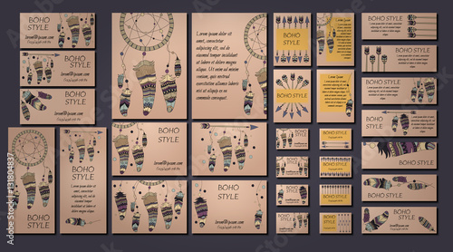 Boho design brochure and business card templates with dreamcatcher, arrow, feather tribal ethnic elements. Vector illustration.