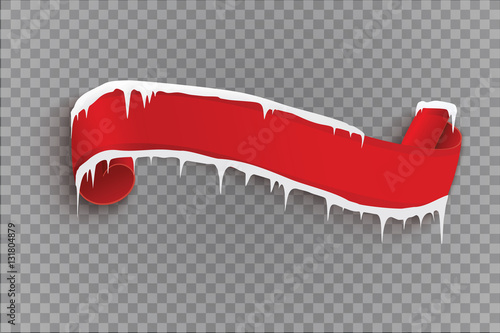 Blank red realistic curved paper banner with snow and icicles isolated on a transparent background. Vector illustration.