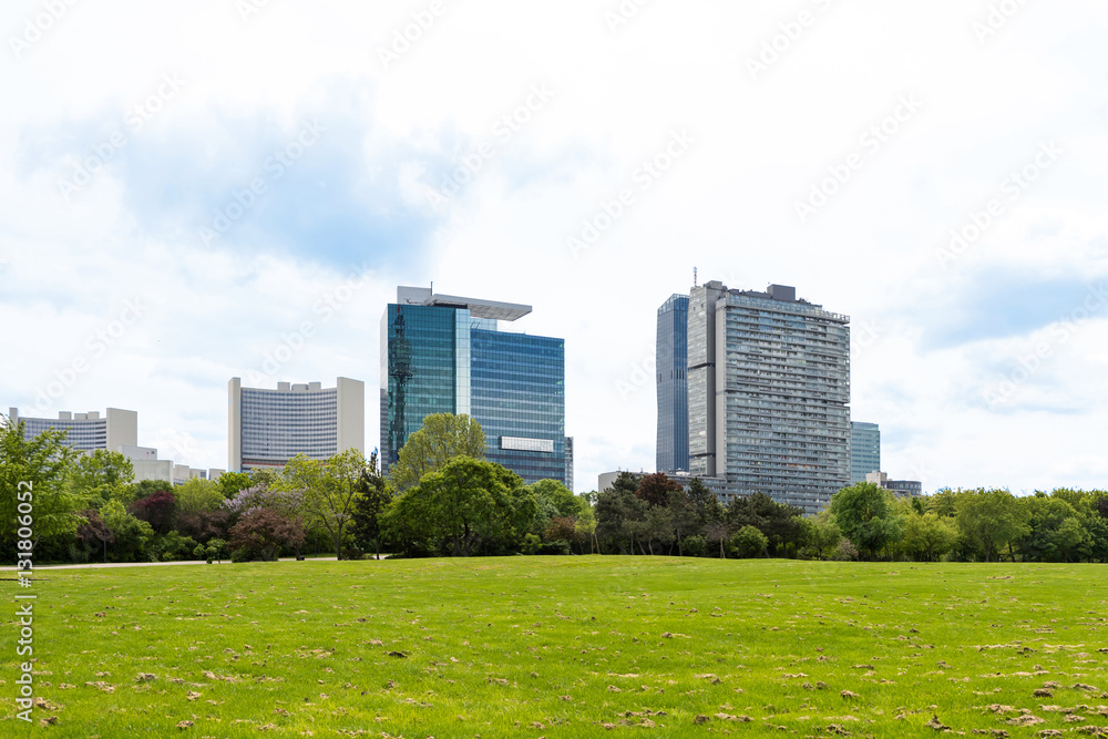 View on vienna international center, un city and office buildings seen from danube park, austria View on vienna international center, un city and office buildings seen from danube park, austria