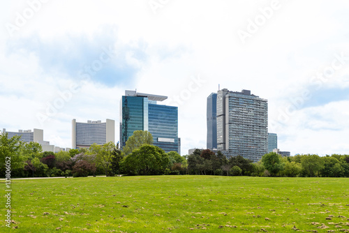 View on vienna international center, un city and office buildings seen from danube park, austria © frimufilms