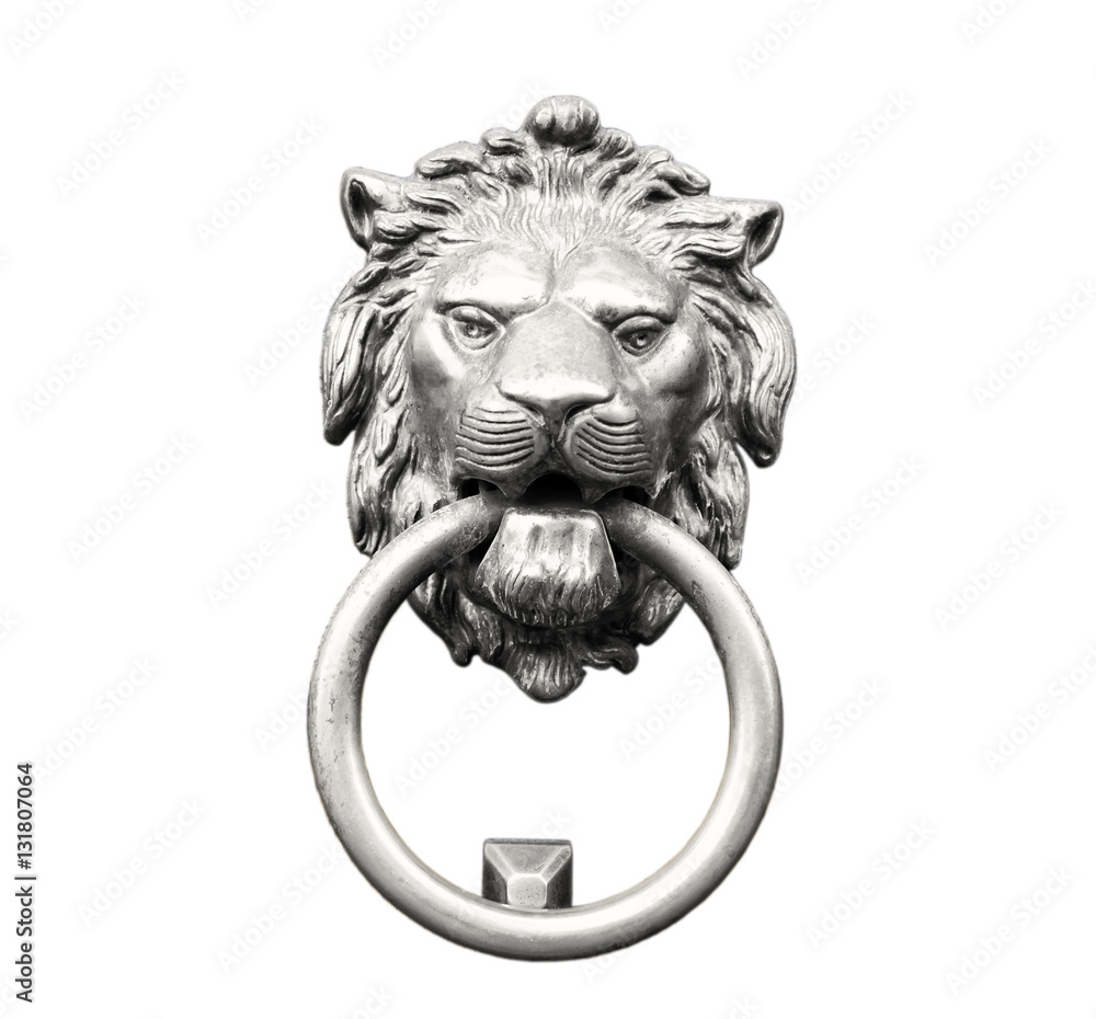 Naklejka premium Golden lion head knocker, Florence, Tuscany, Italy. Isolated on white background, antique effect (sepia)