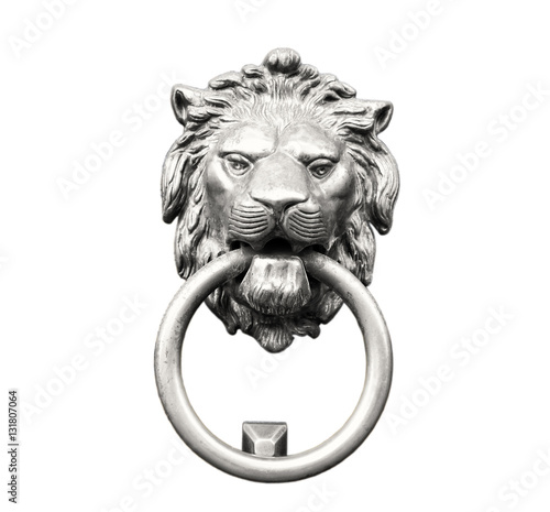  Golden lion head knocker, Florence, Tuscany, Italy. Isolated on white background, antique effect (sepia)