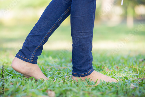 Walking barefoot on the grass