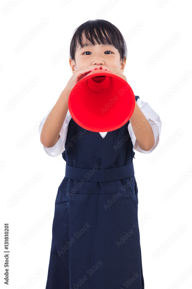 Asian Chinese little primary school girl holding retro megaphone Asian Chinese little primary school girl holding retro megaphone