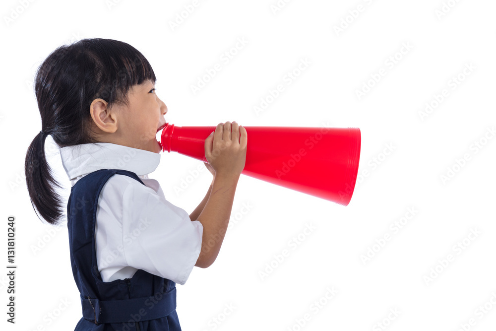 Asian Chinese little primary school girl holding retro megaphone Asian Chinese little primary school girl holding retro megaphone