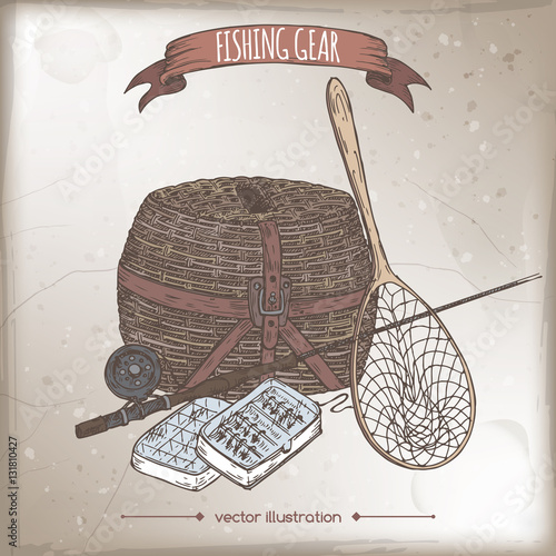 Antique fishing gear color sketch placed on old paper background.