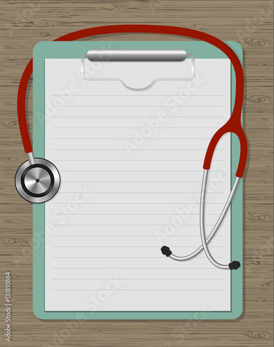 red medical stethoscope and a notebook for notes on the wooden texture