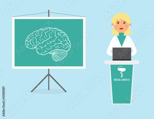 Female doctor talking about brain structure. Neurology conference conceptual illustration