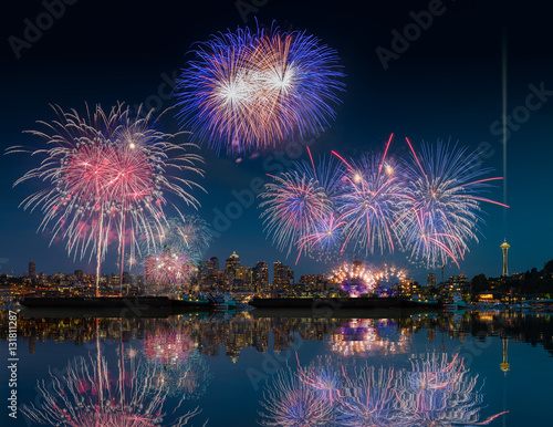 Seattle skyline and fireworks with reflections