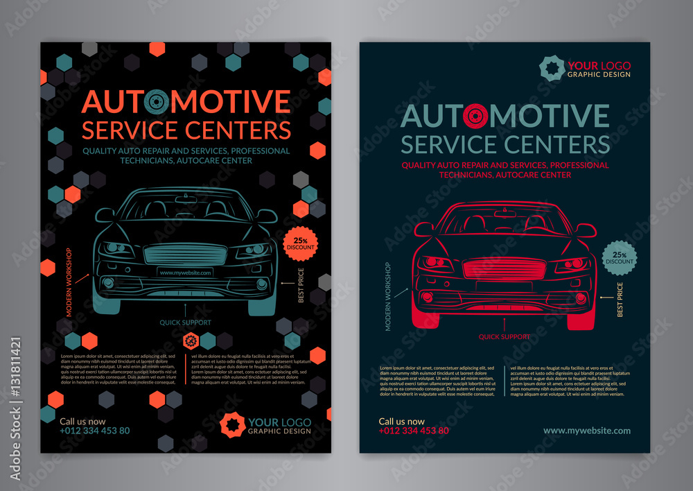 Fototapeta Automotive Service Centers business layout templates. A5, A4 auto repair shop Brochure templates, automobile magazine cover. Vector illustration.