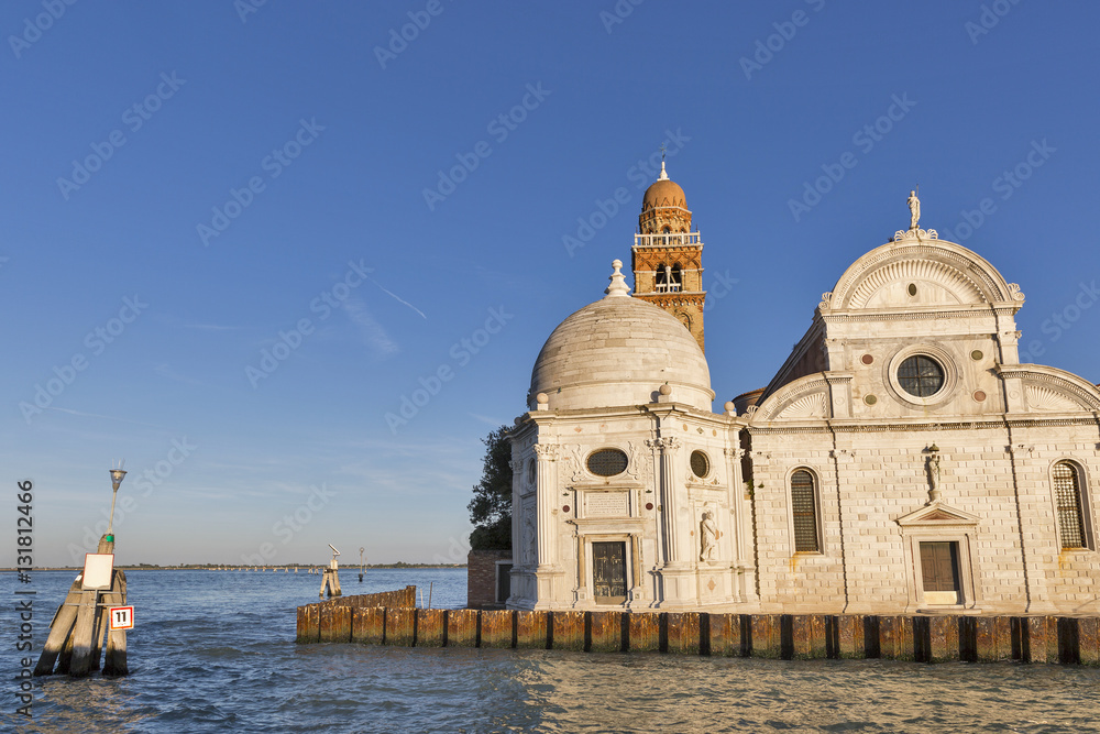 San Michele cemetery church in Venice at sunset, Italy.
