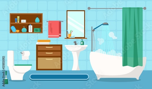 Vector illustration. Flat design. Bathroom with furniture.Blue bathroom interior