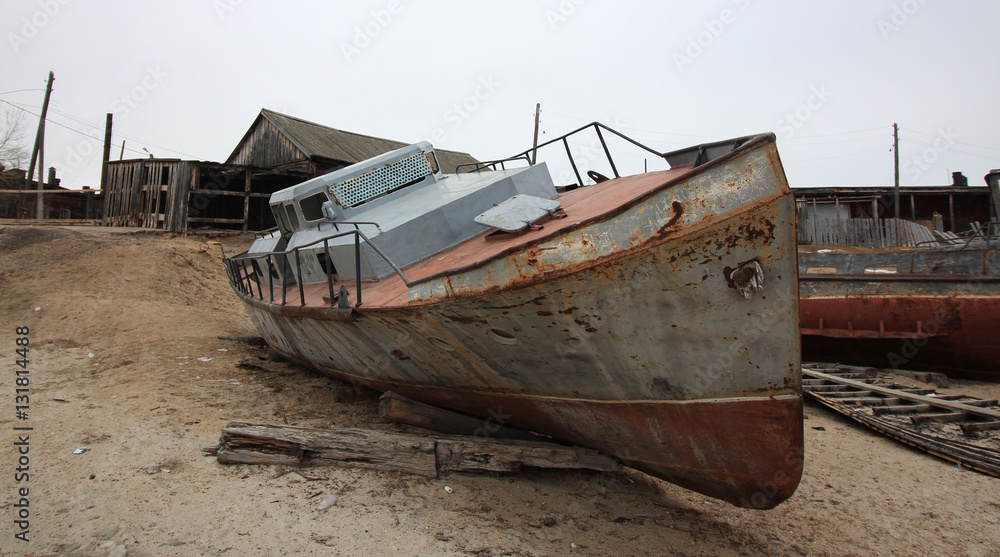 Abandoned ship,fishing vessel at the bottom seafood production Abandoned ship,fishing vessel at the bottom seafood production