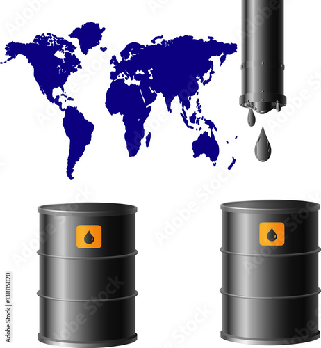 oil barrels and blue image of the planet on a white background
