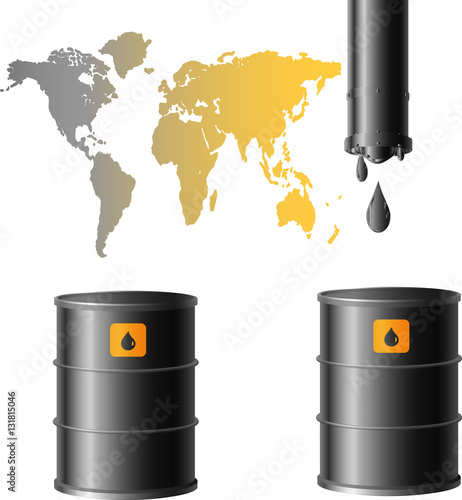 oil barrels and orange image of the planet on a white background