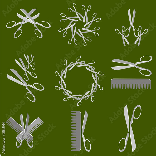 Scissors Icons Isolated on Green Background. Set of Barber Symbols