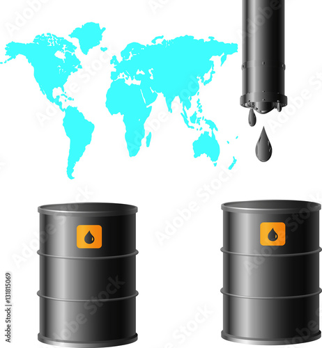 oil barrels and turquoise image of a planet on a white background